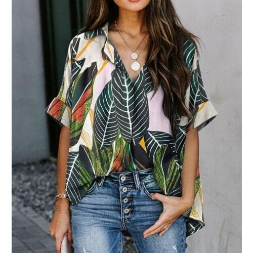 Plus Size Loose Women Shirts Pullover Turn-down Collar Print Vacation Casual Chiffon Short-sleeves Woman Tops Ladies Blouses