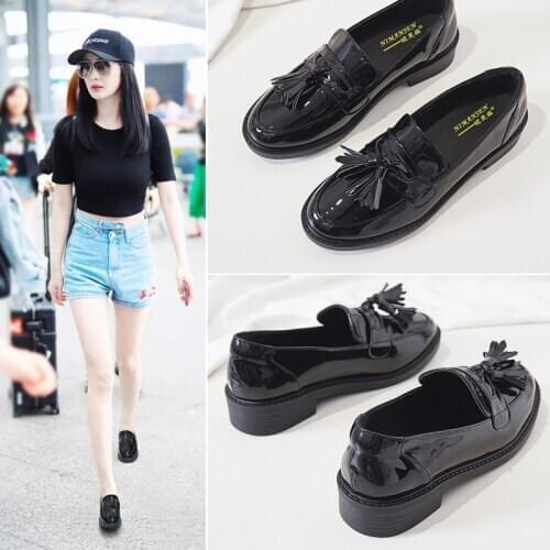 British style chunky women single shoes shine patent leather slip on moccasins fringe decoration student oxfords shoes 2020 chic