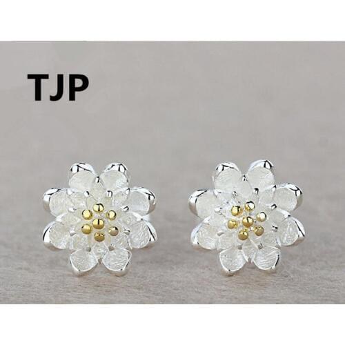 TJP Charm Flower Shaped Female Silver Stud Earrings Jewelry Hot Top Quality 925 Sterling Silver Earrings For Women Wedding Bijou