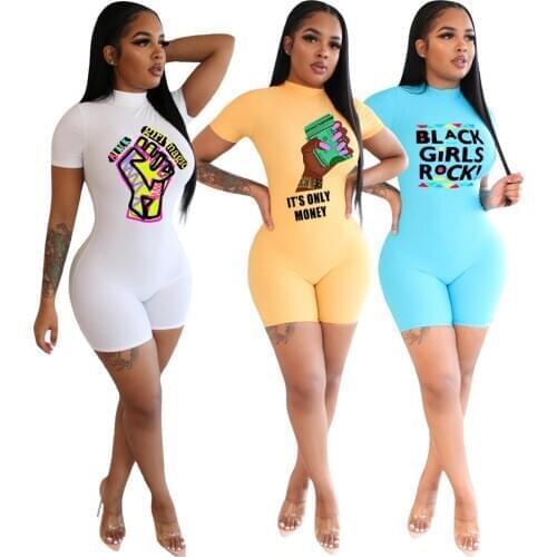 2020 New Arrival Letters Print Short Skinny Jumpsuit Women Short Sleeve female Turtleneck Fashion White Blue Casual Bodysuit