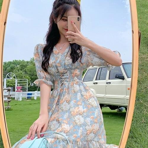 Women Long Vintage Chiffon Floral Dress Fairy Boho Retro Casual Vacation Dresses Summer 2021 Runway Elegant Korean Party Dress