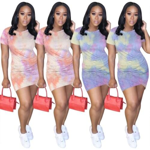 Adogirl Casual Women Summer Mini Dress Tie Dye Printed Irregular Dress Draped Gradient Color Fashion Party Club Street Dress
