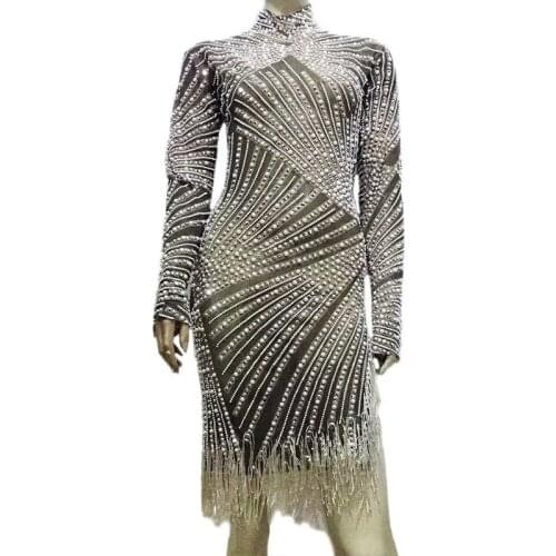 2021 Fashion Pearl Fringe Dress Women Birthday Party Dancer Outfit High Neck Long Sleeve Prom Dress Singer Nightclub Stage Wear
