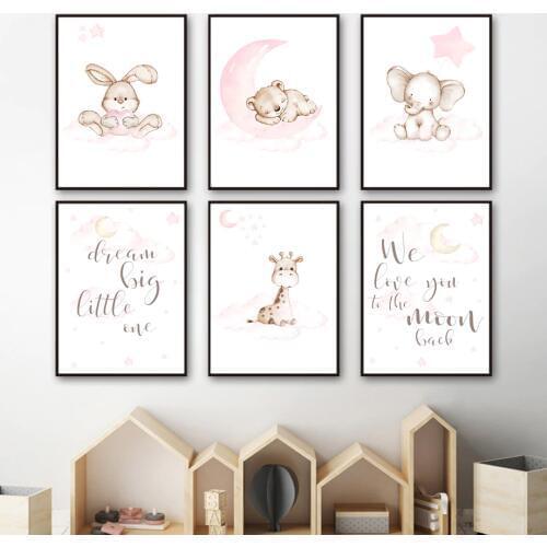 Giraffe Bear Rabbit Elephant Wall Art Canvas Painting Nordic Posters And Prints Wall Pictures For Baby Kids Room Art Print Decor
