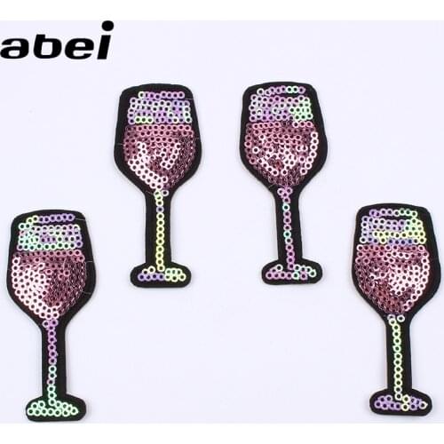 10pcs/lot Sequined Embroidery Red Wine Cup Stickers DIY Jeans Pants Patch Garment Accessories Handmade Fabric Appliques Badge