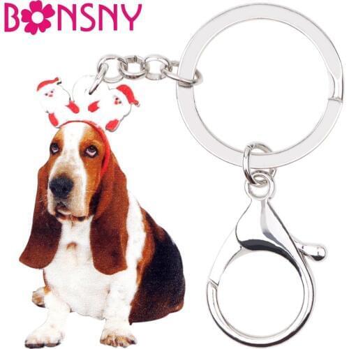 Bonsny Acrylic Sweet Christmas Santa Basset Hound Dog Key Chains Keychain Rings Handbag Charms Jewelry For Women Girls Teen Gift