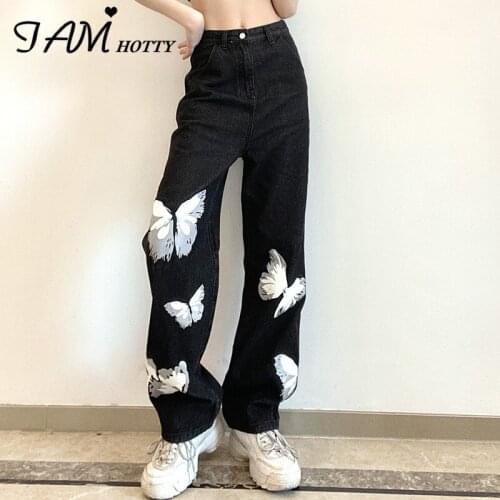Black Oversize Butterfly Printed Harajuku y2k Jeans Women Fashion Trousers High Waist Streetwear Casual Baggy Wide Pant Iamhotty