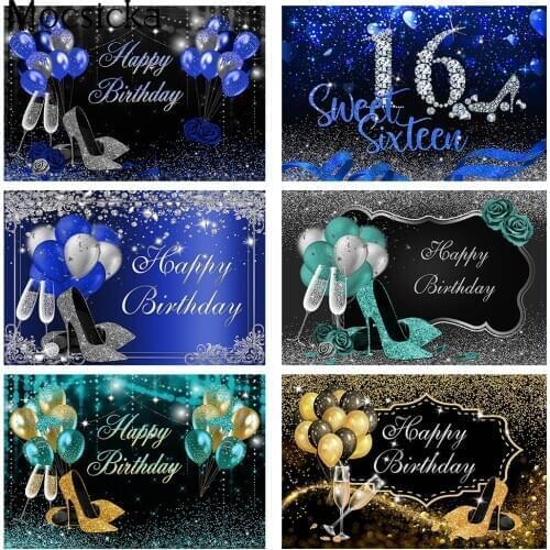 Blue Glitter Happy Birthday Backdrop Sweet Sliver High Heels Champagne Womans Birthday Photography Background Photo Backdrops