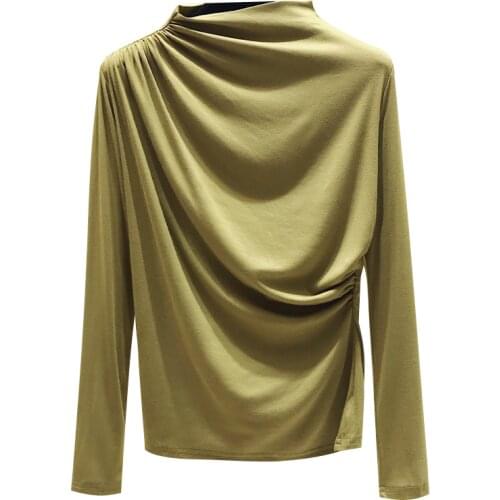 2021 T Shirt Women Autumn Long Sleeve Tops Folds Slim T-Shirt Female Korean Cotton Tshirt Woman Clothes Tee Shirt Femme