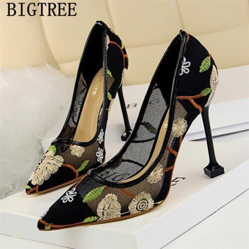 Dress Shoes Women Bigtree Shoes Lace Embroidery Black Pumps Fetish High Heels Luxury Shoes Women Designers Chaussure Femme Talon