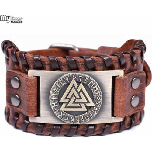 My Shape Slavic Norway Valknut Amulet Leather Bracelets Bangles Metal Engraved Scandinavian Viking Nordic Runes Bracelet Men