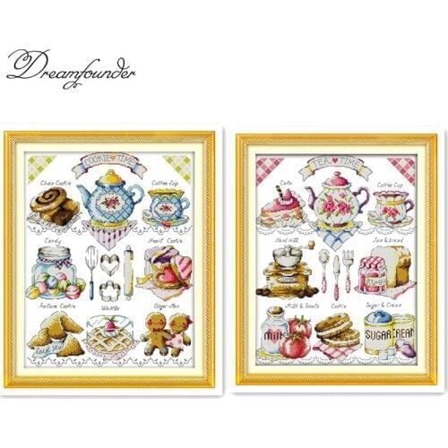 Cookie time and Tea time cross stitch kit cartoon food 18ct 14ct count canvas stitching embroidery DIY handmade needlework plus