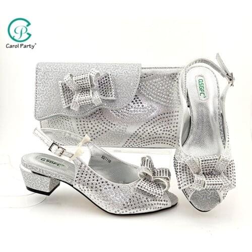Silver Color Shoe and Matching Bag for Nigeria Party African Wedding Shoes and Bag Set Italian design Women Wedding Shoe and Bag