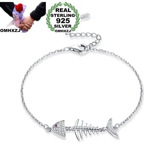 OMHXZJ Wholesale Personality Fashion OL Woman Girl Party Gift White Fish Bone Zircon Thin 925 Sterling Silver Bracelet BR104