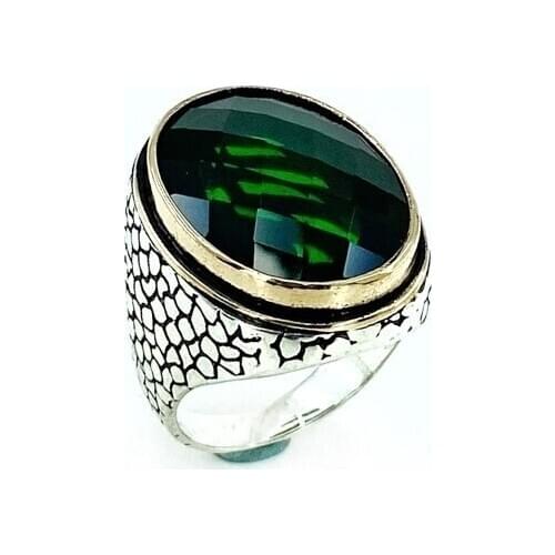 Oval Emerald green Zircon Stone Big Silver Male Ring