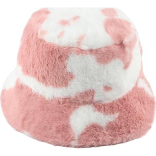 New Winter Cow Leopard Faux Fur Fluffy Bucket Hat Women Outdoor Warm Sun Hats Soft Plush Fisherman Cap Girl Fashion Panama