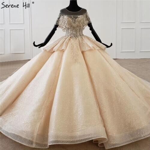 Serene Hill Luxury Dubai Champagne Short Sleeves Wedding Dress 2020 Sequins Beading High-end Bridal Gown Custom Made CHX0072