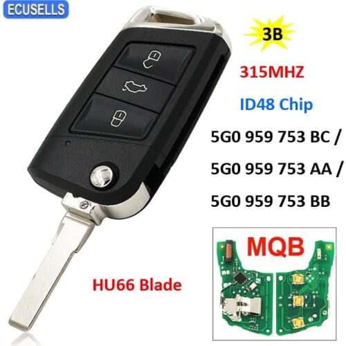 MQB System 3 Button Smart Remote Car Key 315Mhz ID48 Chip for Volkswagen for VW Golf 7 Tiguan 2014 - 2018 FCC ID: 5G0 959 753