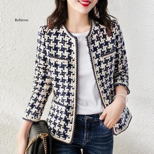 Tweed jacket Dark blue Plaid spring / autumn / winter womens jacket lapel long sleeve Business ladies one piece jacket coat