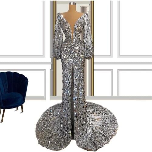 Bling Silver Sequined Flared Sleeves Evening Dresses 2021 High Slit Sexy Deep V neck vestido de fiesta de boda FOE31138