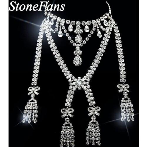 Stonefans Vintage Shiny Rhinestone Chain Dress Necklace Handmade Jewellery Crystal Pendant Long Tassel Statement Necklace Bow