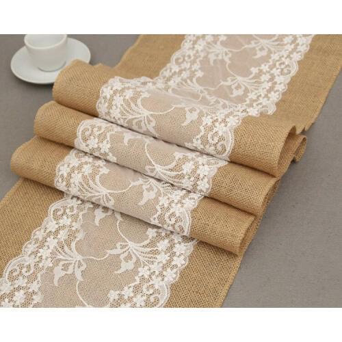 Vintage White Christmas Lace Jute Linen Hessian Burlap Country Event Party Supplies Wedding Decoration Table Cloth Runner