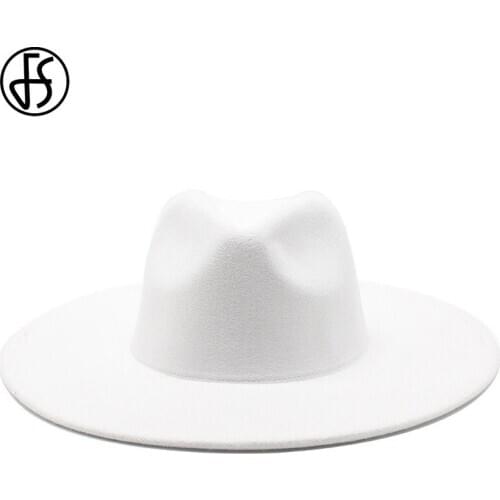 FS 9.5CM Big Black White Patchwork Wool Fedora Hats For Women Winter Felt Wide Brim Jazz Panama Trilby Cowboy Cap Men Gentleman