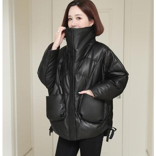 Genuine Down Leather Jacket New Winter Womens Standing Collar Brand Sheepskin Outerwear Relaxed Fit Casual Black Coat Pockets