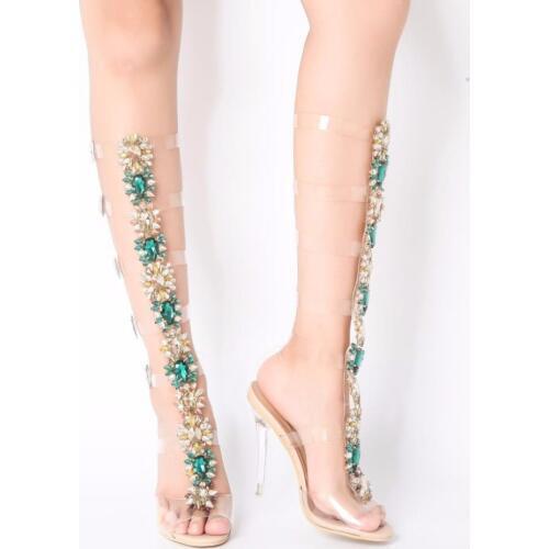 LTTL 2018 Summer Women Gladiator Knee High Boots Crystal High Heels Diamonds Buckle Strap Sandals Fashion Women PVC clear Shoes