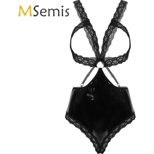 Womens Lingerie Floral Lace Open Cups Bodysuit One Piece Patent Leather Spliced Open Butt Bottoms Teddy Bodysuit Nightwear