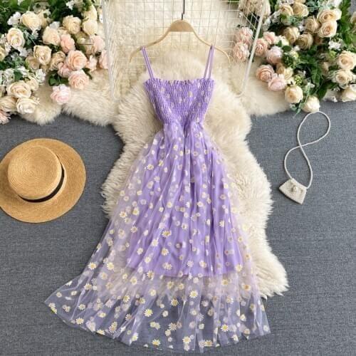 2021 New Fashion Temperament Vestidos Women Strapless Mesh Embroidery Chrysanthemum Stitching Midi Dress C645