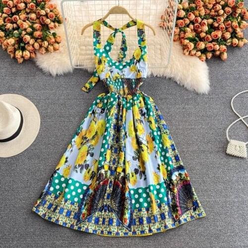 Amolapha Women High Quality Summer 2021 Korean V-Neck Sleeveless Chic Off Shoulder Printed Holiday Beach Dress