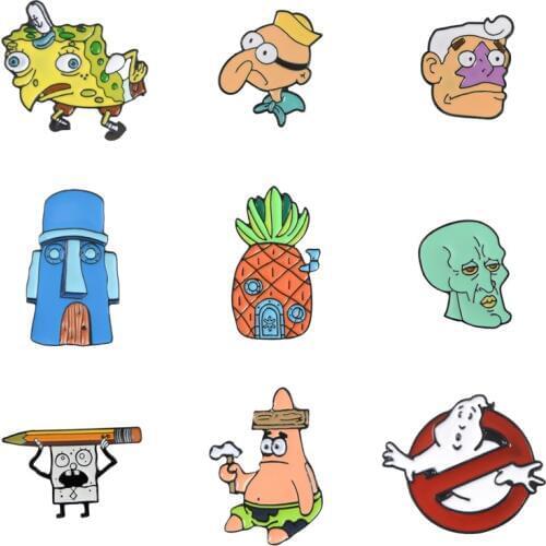2019 Cartoon Brooches Animation Pineapple Hut Octopus Sea Stars Barnacle Boy Enamel Pins Button Badge For Kids Friends jewelry