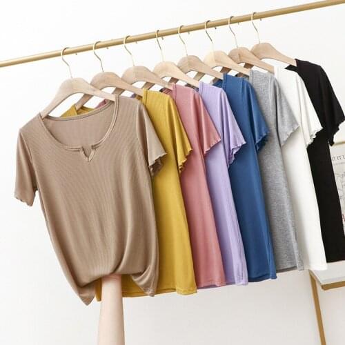 2021 Summer T Shirt Women Fashion Short Sleeve V-neck Solid Modal Top Knitted Chic Casual Tee Shirts