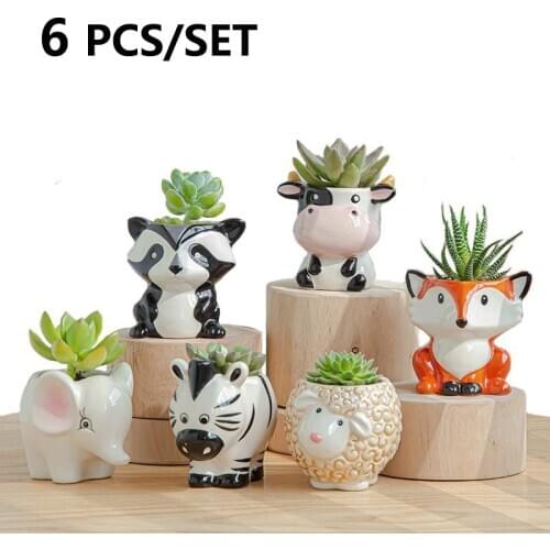 6pcs/set Nordic Ceramic Cartoon Animal Mini Flower Pot Home Decor Succulents Plants Bonsai Plant Vase Pot Decoration Accessories