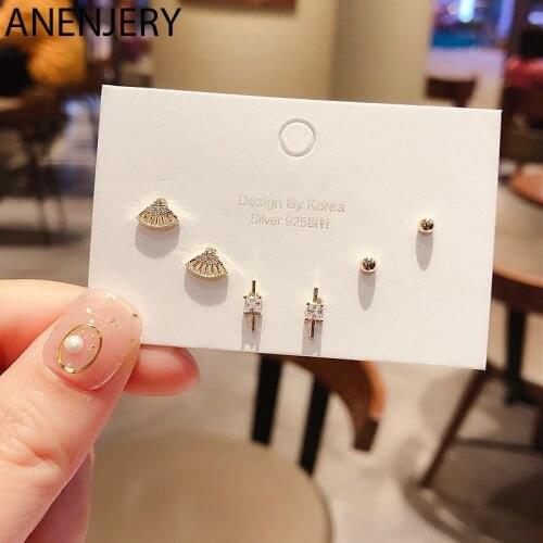 ANENJERY Cute Fan-shape Geometric Small Earrings Set Gold Silver Color Micro Cubic Zircon Earrings 6-piece Set S-E1136