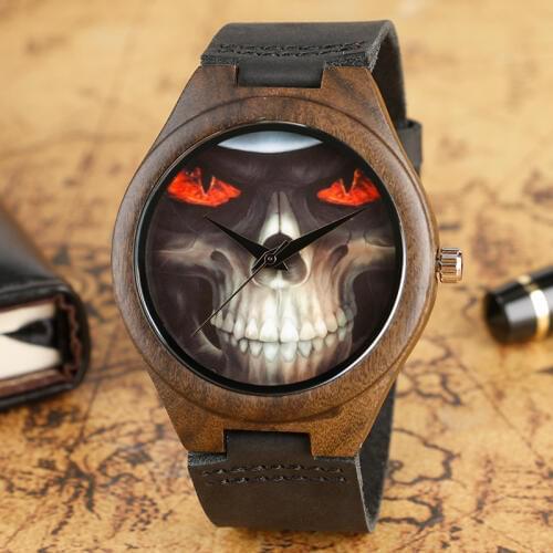 Steampunk Skull Face Eyes Fire Nature Bamboo Wood Watches Mens Fashion Novel Quartz Wrist Watch Black Genuine Leather Strap