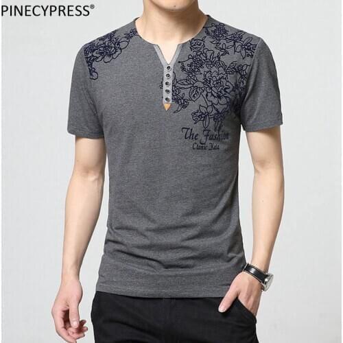 Quality Fashion Cotton Man T-shirt Short Sleeve V-neck Flocking Casual Buttons Summer Navy Blue Black Grey Men T Shirt