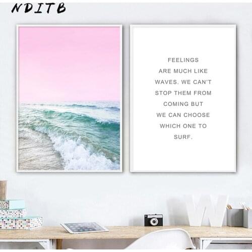 Pink Ocean Waves Wall Art Canvas Painting Sea Coastal Landscape Poster Print Nordic Decoration Picture Scandinavian Home Decor