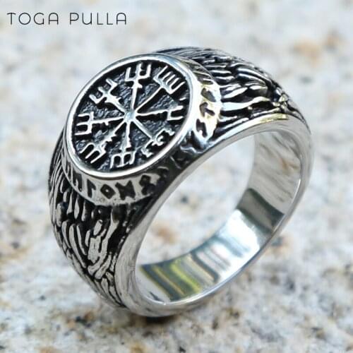 Cool Viking Nordic Compass Runic Statement Rings Men Vintage Stainlss Steel Nordic Viking Ring Punk Motorcycle Biker Jewelry