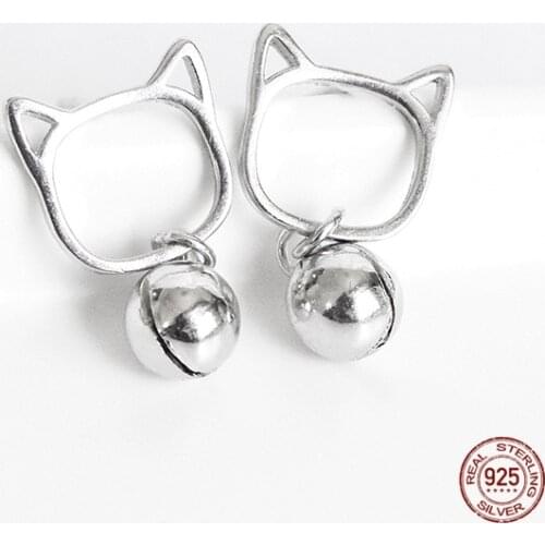 LKO Personality Simplicity Small Bell Cat 925 Sterling Silver Stud Earrings for Girls Cute Students Jewellery Gifts Ornaments