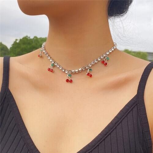 Fashion Charm Sweet Geometry Small Cherry Pendant Necklace for Women Statement Tennis Rhinestone Collar Chain Birthday Gift