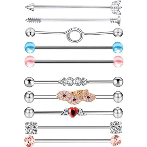 10pcs Nonallergenic Stainless Steel Ear Industrial Barbell Stud Earrings Set