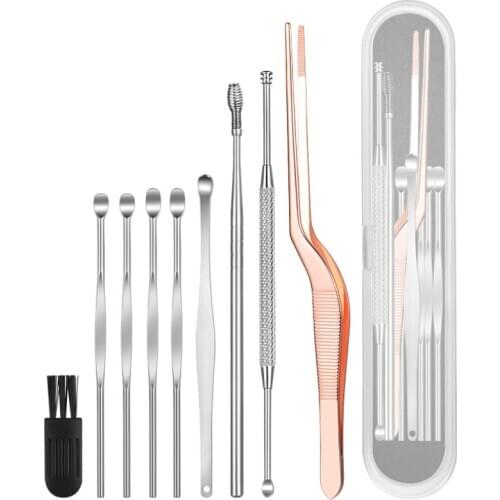 9pcs/set Ear Wax Pickers Set Stainless Steel Earpick Wax Remover Curette Ear Pick Cleaner Ear Cleaner Spoon Care Ear Clean Tool
