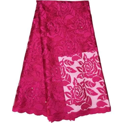 New Embroidered chemical guipure African lace fabric with rhinestone Rose-carmine french net lace for wedding dress