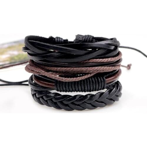 New 4pcs/lot Vintage PU Leather Braided DIY Men Black Brown Handmade Casual Bracelets Fashion Stylish Jewelry Accessories
