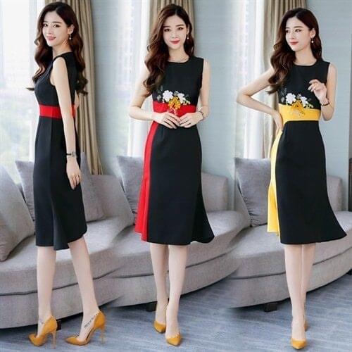 New arrival lady summer contract colors dress women elegant slim floral sleeveless dress