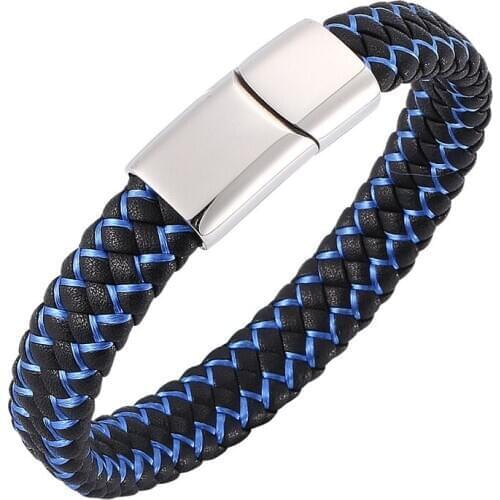 New Fashion Jewelry Braided Leather Bracelet Men Stainless Steel Magnetic Clasp Charm Bangles Male Wrist Band Gifts 0002