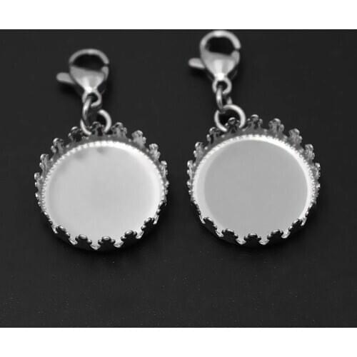 Stainless Steel 12mm 15mm Round Crown Bezel Pendant Tray Lobster Clasp Connector Cameo Cabochon Base Setting for Charms Jewelry