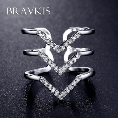 BRAVEKISS Crystal Adjustable Open Rings for Women Pave CZ Zircon Luxury Layer Ring V Cuff Ring for Fingers Ringen mujer BUR0360B
